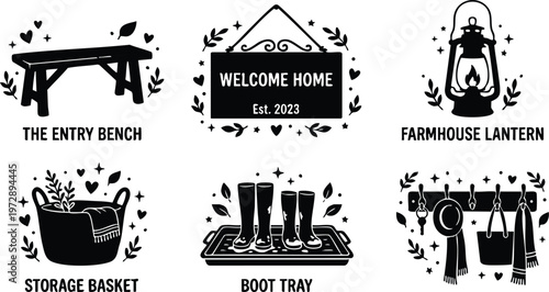 Black and white farmhouse lantern storage basket boot tray and entry bench with welcome home sign vector art