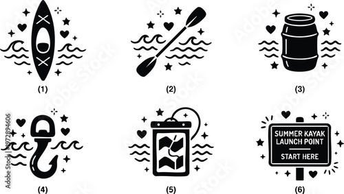 Black and white summer kayak launch point sign with paddle hook barrel and waterproof map icons
