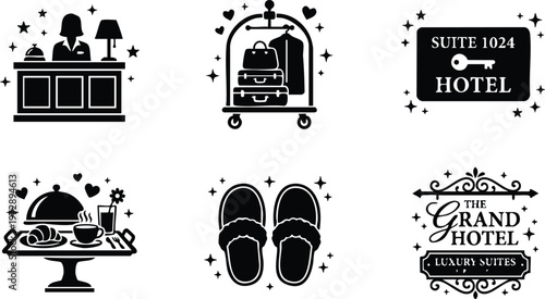 Black and white flat design luxury hotel services icons with reception bell luggage cart slippers and room signage