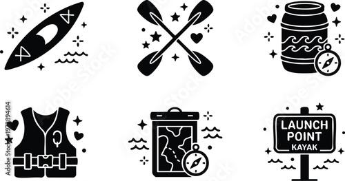 Black and white kayak paddle life vest map and launch point icons set