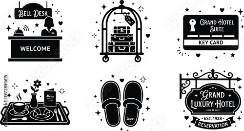 Black and white hotel reception bell desk luggage cart slippers key card and luxury hotel signs vector art