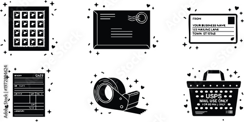 Black and white usps mail supplies icons with sparkle accents