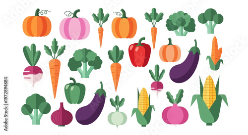 Flat Design Vegetable Icons Collection - Minimalist Healthy Food Vector Illustration
