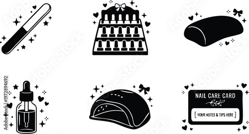 Black and white manicure set nail files oil bottle and nail care card vector art
