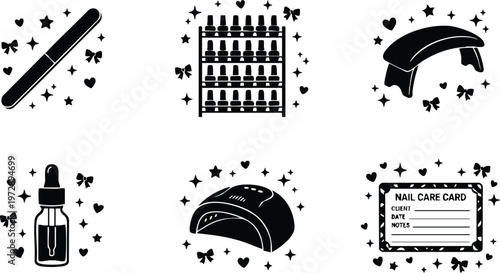 Black and white nail care tools set with bottles lamps and nail care card vector art