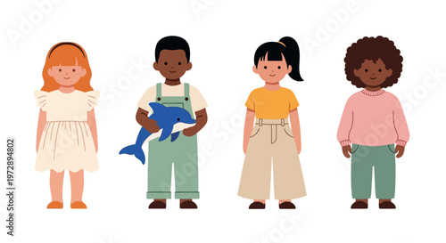 Diverse Group of Multi-ethnic Children Standing Together, Flat Vector Style Illustration of Kids Isolated on White Background