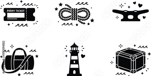 Black and white ferry ticket rope lighthouse duffle bag and chest nautical icons