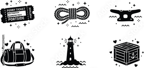 Black and white nautical icons with ferry ticket rope lighthouse and crate