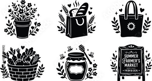 Black and white summer farmers market banner honey and fresh vegetables vector art