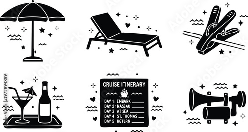 Black and white cruise itinerary beach umbrella lounge chair cocktail bottle horn icons