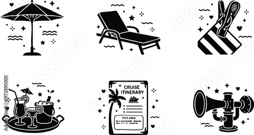 Black and white cruise itinerary with tropical drinks lounge chair and beach umbrella vector art