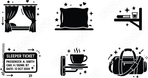 Black and white sleeper train ticket with passenger details and travel essentials vector art