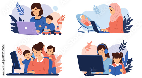 Diverse Remote Working Mothers Collection: Busy Moms Balancing Home Office and Childcare, Flat Vector Illustration of Freelance Parenting and Multi-tasking Lifestyles
