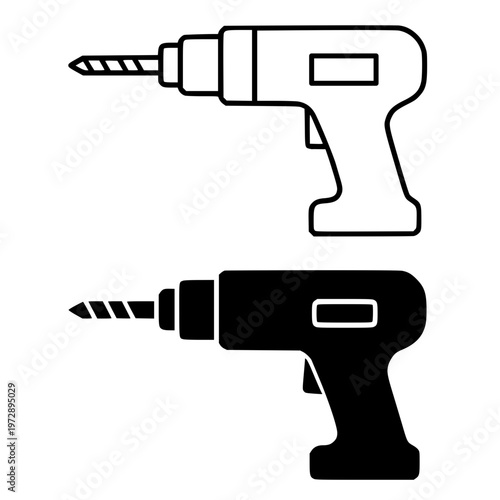 Power drill minimalist icon, in outline and silhouette design, isolated on transparent background