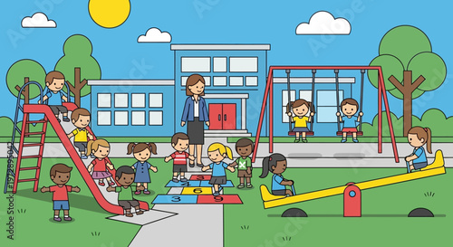 Children Playing on School Playground Equipment.