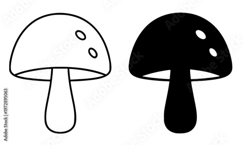 Mushroom minimalist icon, in outline and silhouette design, isolated on transparent background