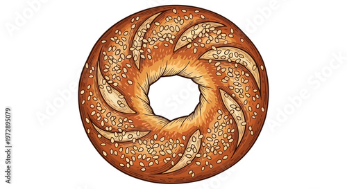 Turkish Simit Illustration - Traditional Sesame Bread Ring Isolated on White Background