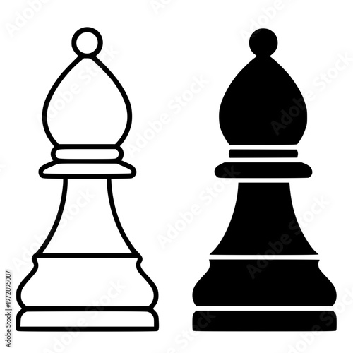 Bishop (chess) minimalist icon, in outline and silhouette design, isolated on transparent background