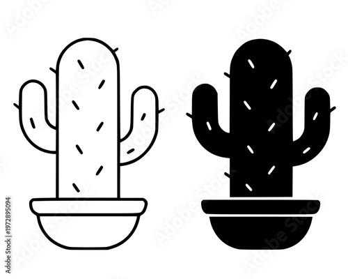 Cactus minimalist icon, in outline and silhouette design, isolated on transparent background