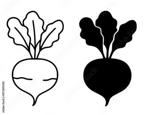 Turnip minimalist icon, in outline and silhouette design, isolated on transparent background