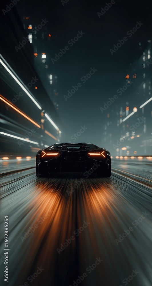Fototapeta premium Futuristic car speeding through a city at night