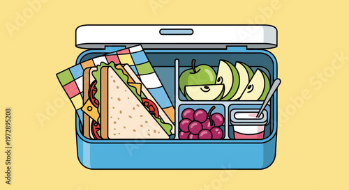 Colorful lunchbox with healthy food inside.