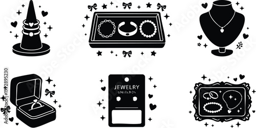 Black and white jewelry collection ring box necklace display and bracelets vector art