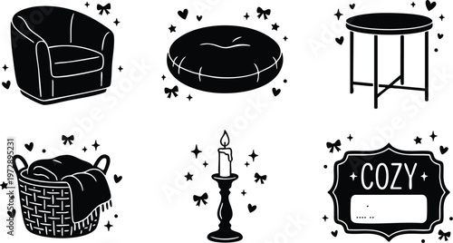 Black and white cozy armchair cushion basket candle and sign line art