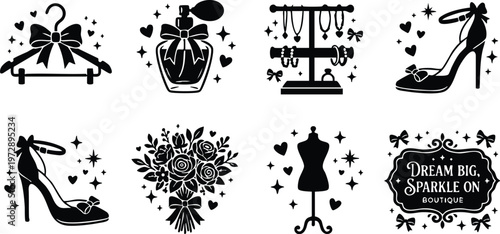 Black and white boutique icons including perfume, high heel shoes, bouquet, and dress form