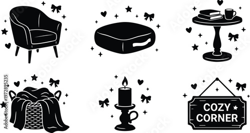 Black and white cozy corner icons with armchair candle blanket and table