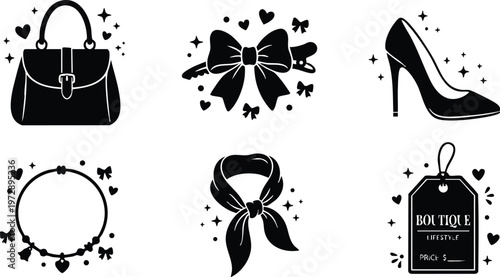 Black silhouette boutique fashion icons including handbag bow high heel necklace scarf and price tag