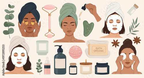 Skincare and Self-Care Routine Vector Illustration Set with Diverse Women, Facial Masks, Beauty Tools, and Natural Organic Cosmetics for Wellness and Spa Concepts