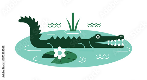 Minimalist Flat Vector Illustration of a Crocodile Swimming in a Pond with Water Lily and Reeds, Isolated on White Background