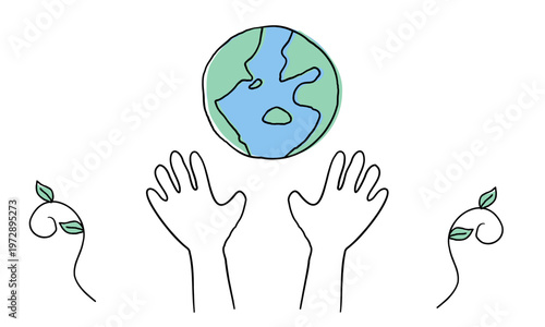 手を挙げて地球を守る手描きのエコイメージイラスト