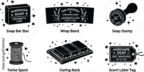 Black and white soap bar box and hand stamped label set with twine spool and curing rack