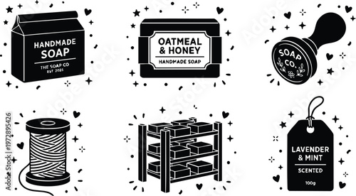 Black and white handmade soap packaging stamp spool and shelf vector line art
