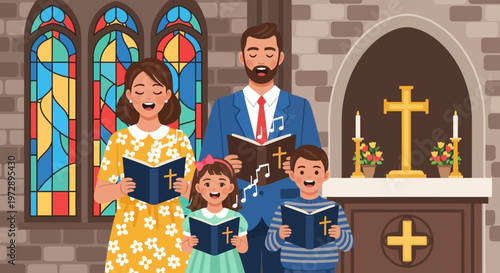 Happy Christian Family Singing Hymns in Church During Sunday Worship Service Illustration