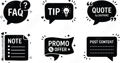 Black and white speech bubbles with faq tip quote note promo and post content icons
