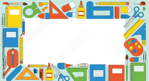 Colorful school supplies and stationery.