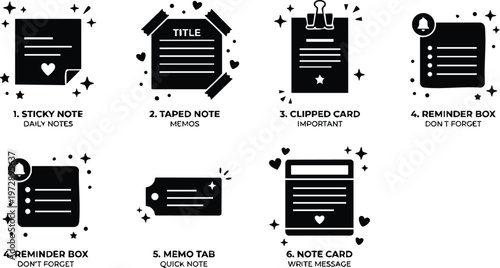 Black sticky note taped clipped reminder and memo tab icons set