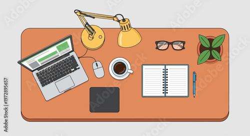 Desk with office supplies and laptop.