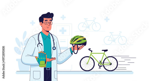 Doctor holding helmet and gloves near bicycle, promoting cycling safety and health