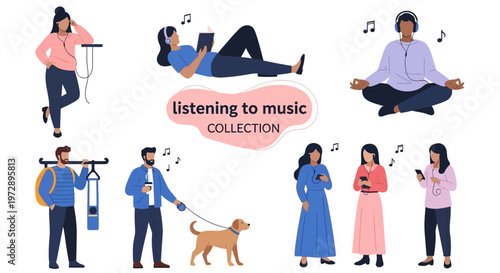 Diverse People Listening to Music Vector Illustration Collection. Flat Characters with Headphones Relaxing, Meditating, and Commuting. Modern Lifestyle Audio Concepts Set.