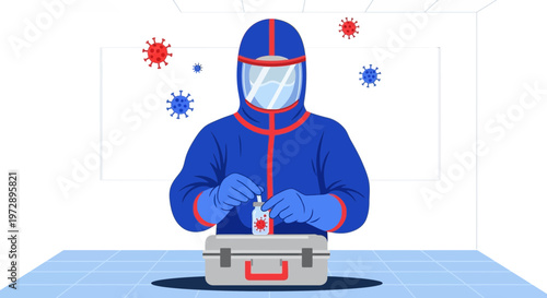 Doctor in Hazmat Suit Preparing COVID-19 Test Kit Amidst Virus Particles