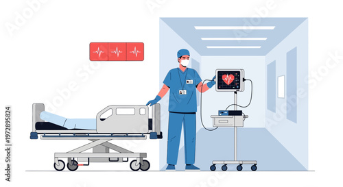 Doctor in medical uniform checking patient monitor in hospital room with bed