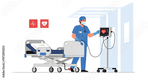 Doctor in medical uniform checking patient monitor next to hospital bed, healthcare concept