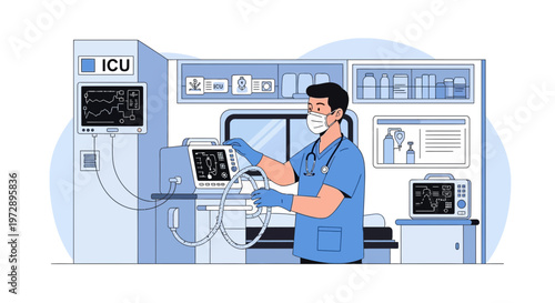 Doctor in ICU wearing mask and gloves, operating medical equipment, healthcare concept