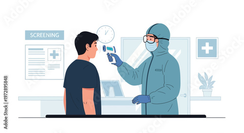 Doctor in protective suit screening temperature with infrared thermometer at clinic entrance