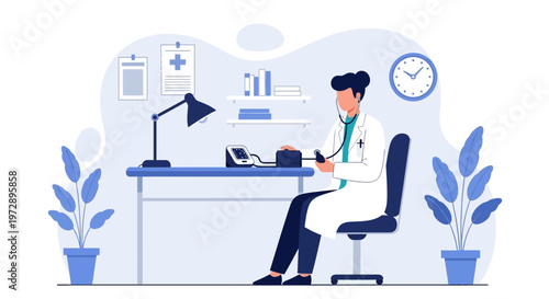 Doctor in office checking blood pressure with stethoscope and monitor, medical consultation