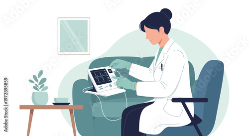 Doctor in white coat using medical device with ECG graph on screen, healthcare concept